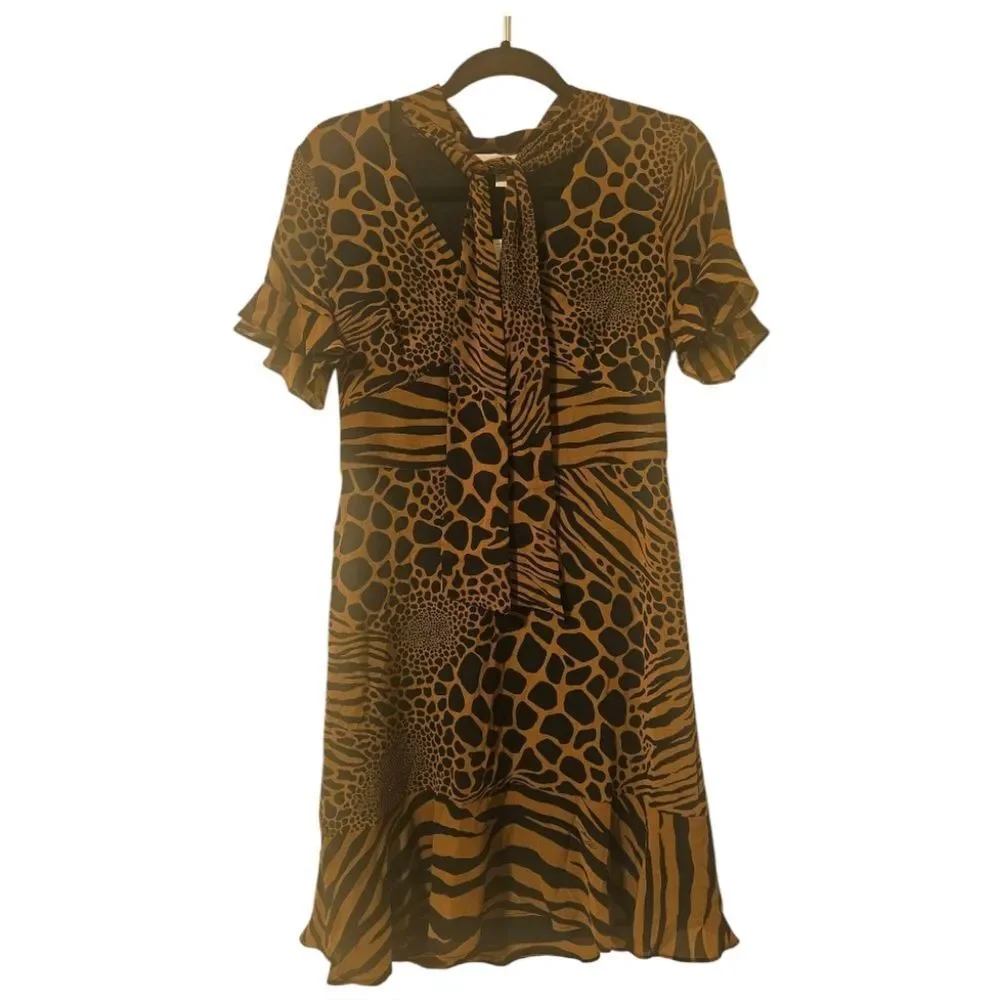 MICHAEL KORS NWT Ruffle Flounce Animal Print Caramel Tie Neck Dress‎ - Small